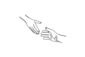 hands reaching out for love support help and care. Urge to touch concept. Concept of human relation, community, togetherness, symbolism, culture and history. Continuous line art of helping hand . Hope - obrazy, fototapety, plakaty