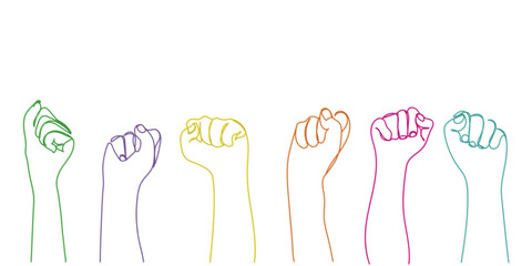Row of man hands showing clenched fist gesture. Victory or protest group of signs. Human hands gesturing diversity and inclusion. Many arms raised together and present popular gesture. tolerance art