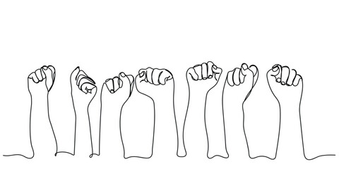 Row of man hands showing clenched fist gesture. Victory or protest group of signs. Human hands gesturing diversity and inclusion. Many arms raised together and present popular gesture. tolerance art. - obrazy, fototapety, plakaty
