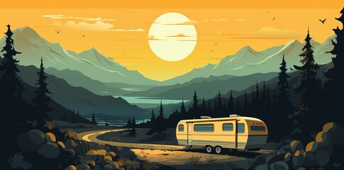 vintage style illustration of a a camper sitting in the middle of the mountains at sunse or sunrise , , nature travel and adventure concept