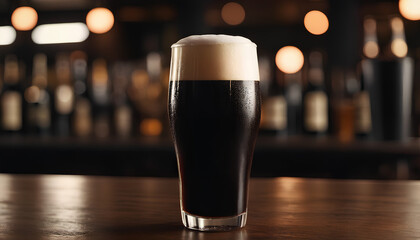 Rich stout beer in a tall glass with frothy foam on a bar counter. Blurred bar ambiance in the backdrop, generative AI - obrazy, fototapety, plakaty