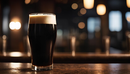 Rich stout beer in a tall glass with frothy foam on a bar counter. Blurred bar ambiance in the backdrop, generative AI