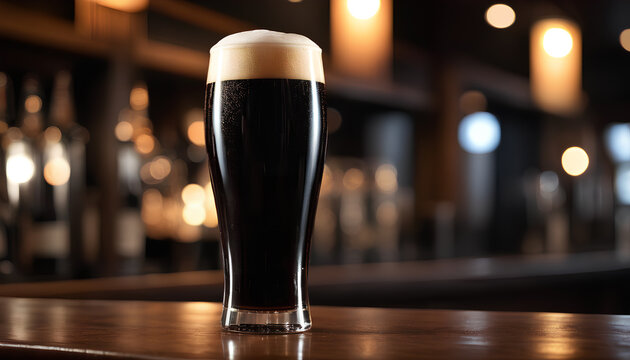 Rich stout beer in a tall glass with frothy foam on a bar counter. Blurred bar ambiance in the backdrop, generative AI