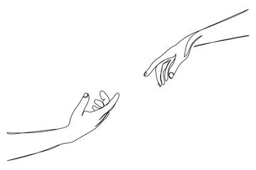 hands reaching out for love support help and care. Urge to touch concept. Concept of human relation, community, togetherness, symbolism, culture and history. Continuous line art of helping hand . Hope - obrazy, fototapety, plakaty