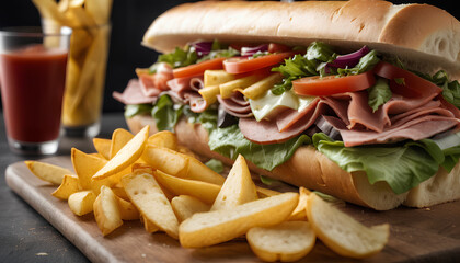 Italian sub sandwich with chips. A classic and savory combo for a quick and tasty meal, generative AI. - obrazy, fototapety, plakaty