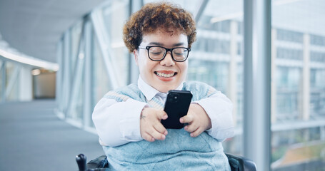 Phone, office and business woman in wheelchair online for social media, networking and connection....