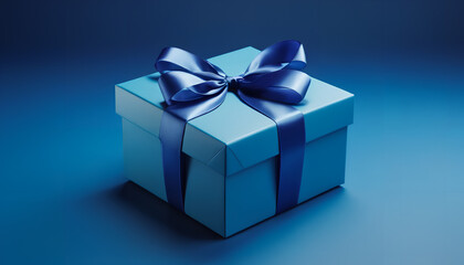 Obraz premium Blue gift box with a ribbon on a blue background. A simple and elegant composition conveying the charm of gift-giving, Generative AI.