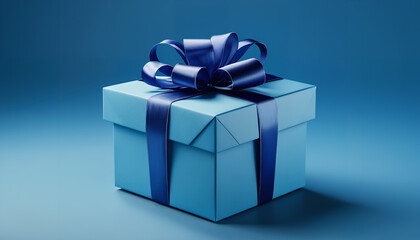 Obraz premium Blue gift box with a ribbon on a blue background. A simple and elegant composition conveying the charm of gift-giving, Generative AI.