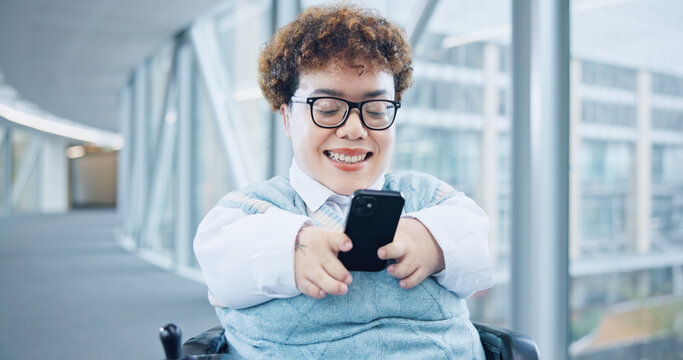 Phone, office and business woman in wheelchair online for social media, networking and connection. Modern workplace, corporate and person with disability in corridor on smartphone for mobile app