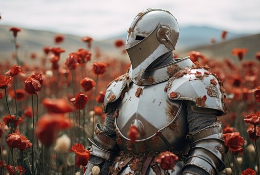 Medieval knight in a field of red flowers symbol of peace