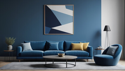 modern living room with blue couch. stylish and contemporary design, generative AI
