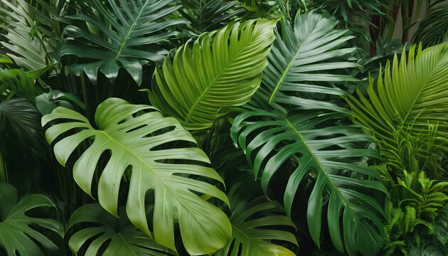 Lush tropical foliage: Monstera, palm leaves, Calathea. vibrant greenery paradise, generative AI