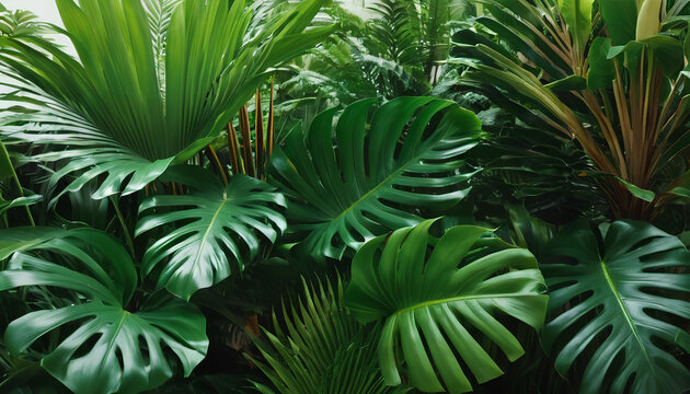 Lush tropical foliage: Monstera, palm leaves, Calathea. vibrant greenery paradise, generative AI