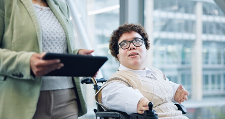 Tablet, discussion and business woman in wheelchair online for meeting, planning and talking. Office building, corporate team and person with disability in corridor on digital tech for collaboration - obrazy, fototapety, plakaty