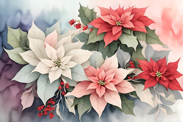 Poinsettia plant watercolor illustration background for Christmas event.