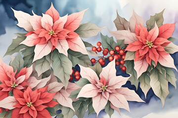 Poinsettia plant watercolor illustration background for Christmas event.