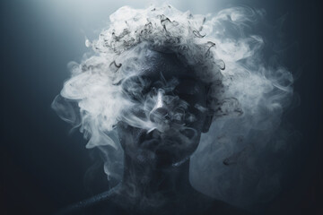 A head covered in smoke depicting the concept of stress and burnout - obrazy, fototapety, plakaty