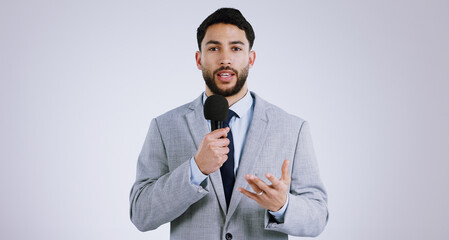 Portrait, man and reporter for news with microphone on white background for mock up with broadcast...
