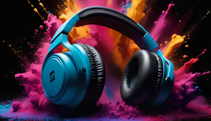 colorful headphones, background bursting with sound. immersive audio experience, generative AI