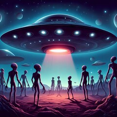 Mysterious aliens creatures standing UFO. alien flying saucer.