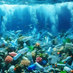 Fototapeta na wymiar Plastic waste and bottles garbage undersea or in the ocean.