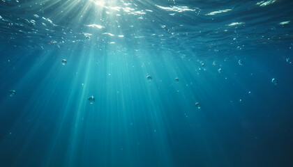 Fototapeta premium Underwater world. View from beneath the water surface. Bubbles in the background and a dark abyss. A captivating scene that unveils the mysteries of the deep, Generative AI.