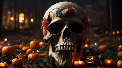 scary halloween skull decorated with many flowers. AI Generated