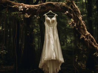 Wedding dress hanging on a tree in the forest