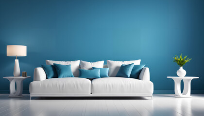Sofa in a blue room. A cozy and harmonious setting with a touch of elegance, Generative AI.