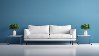 Sofa in a blue room. A cozy and harmonious setting with a touch of elegance, Generative AI.