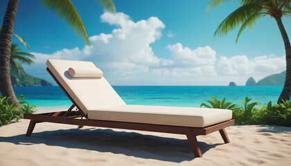 Lounger on a sandy beach. An inviting scene capturing the relaxation and tranquility of a beachside setting, Generative AI.