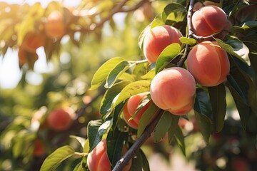 Bountiful harvest. Ripe summer fruits on tree. Nature bounty. Fresh and juicy peaches on branch. Agricultural delight. Healthy and delicious peach - obrazy, fototapety, plakaty