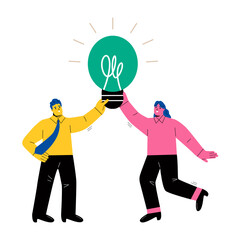 Business people sharing idea to new lightbulb. Sharing ideas and experiences, brainstorming, creative team. Flat vector illustration isolated on white background