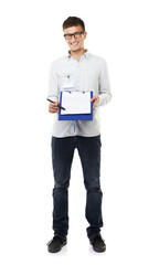 Clipboard, sign up and portrait of man with document, report or technician with checklist in white background. Studio, technical support and geek smile with pen for signature, logistics or paper