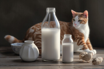 Food and animals concept. Domestic white cats and glass bottles full of milk on wooden rural old table