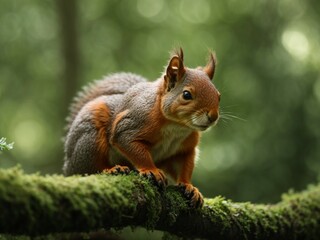 Obraz premium Red squirrel on a mossy branch in a forest