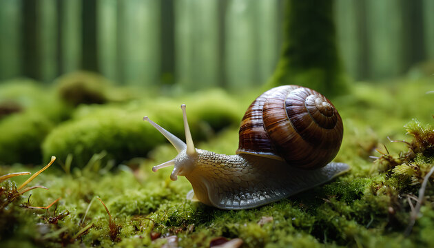 walking snail in the forest on moss. generative AI