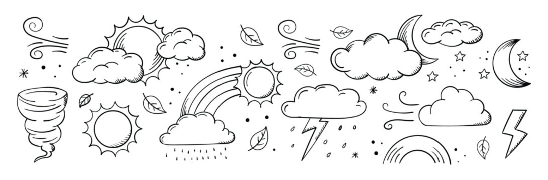 Set of hand drawing weather. cute kawaii clouds, sun, moon in doodle style