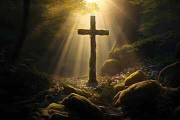 Wooden cross in the forest with sunlight in the morning