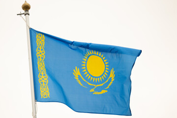 Large Kazakhstan flag fluttering in the wind. Mass protests in Kazakhstan. flag of Kazakhstan. Great for news.