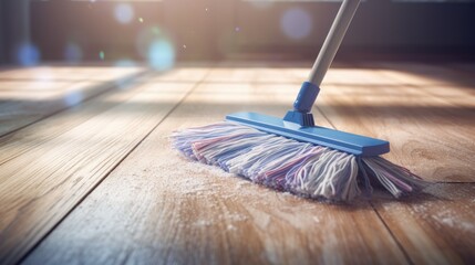 Mop the floor with a mop. Cleaning tools on parquet background - obrazy, fototapety, plakaty