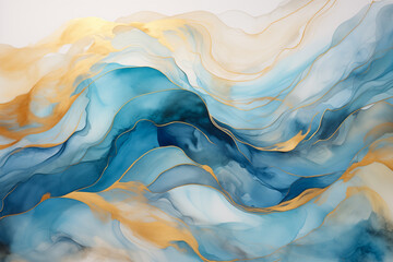Blue, gold wavy marble ocean waves background. Flowing special effect blue, golden yellow wavy abstract fantasy backdrop. Magic modern art, happy ocean waves copy space banner for text - obrazy, fototapety, plakaty