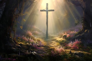 Wooden cross in the forest with sunlight in the morning