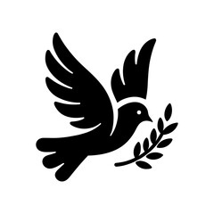Dove icon. Black silhouette of a dove in flight carrying an olive branch on a white background. Peace symbol. Religious icon. Vector illustration. - obrazy, fototapety, plakaty