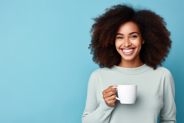 Happy African American woman with cup of coffee on blue background - obrazy, fototapety, plakaty