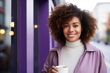 Happy African American woman with cup of coffee on purple background