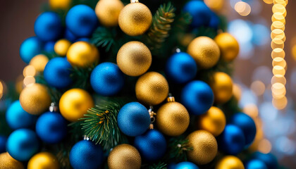 Fototapeta na wymiar New Year card with blue and yellow balls on a blue background with beautiful bokeh.
