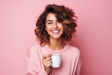 Happy woman with cup of coffee on pink background - Powered by Adobe