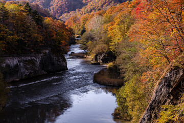 Fototapeta na wymiar 北海道夕張市、紅葉の滝の上公園と夕張川【10月】