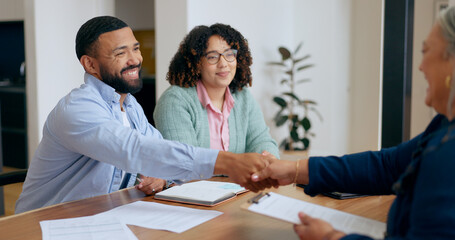 Couple, handshake and lawyer with documents for real estate, property investment or loan...